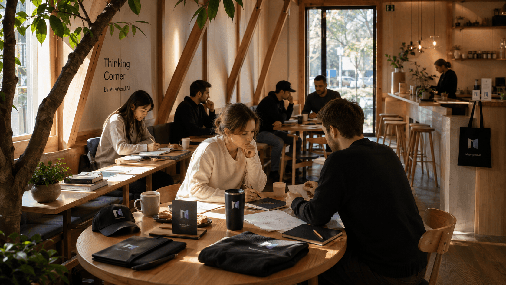 Branded café pop-up coffee bar with warm wood tones for an AI company activation