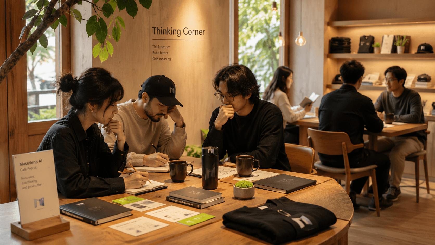 Branded café pop-up counter with ceramic drinkware and warm wood detailing