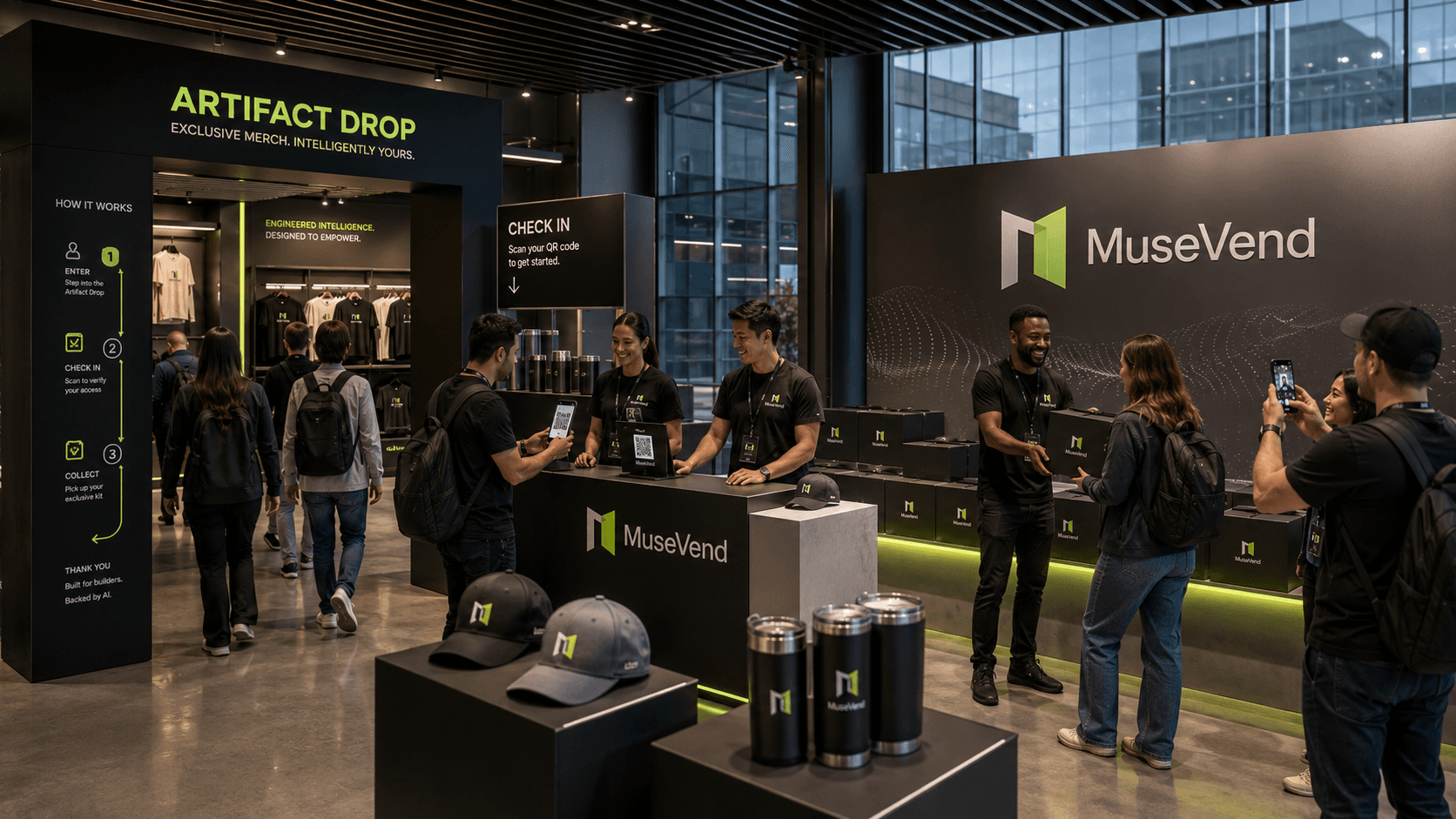 Discover, scan, claim, and share flow diagram for an AI company pop-up merch activation