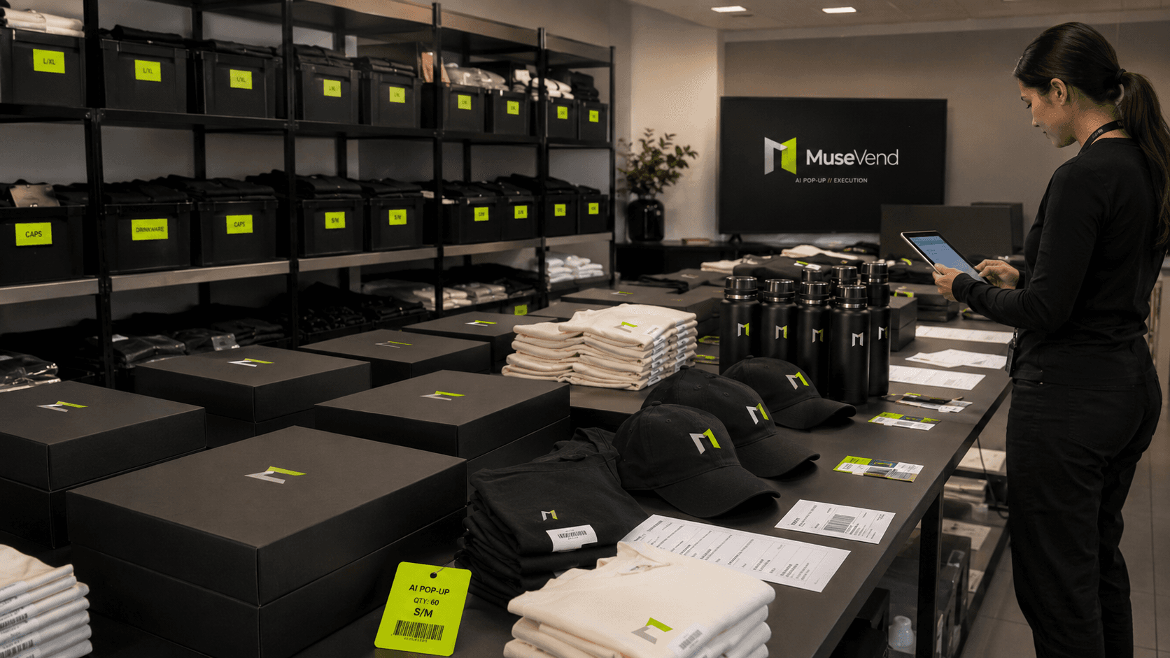 Event pack-out and operations staging with cartons and organized pop-up merchandise