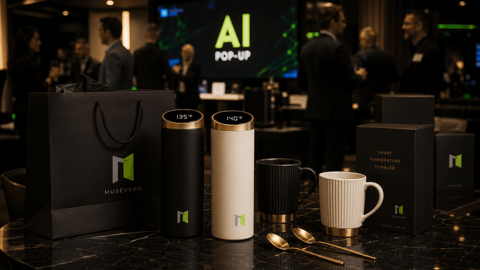 Executive drinkware lounge for VIPs and speakers at an AI company pop-up