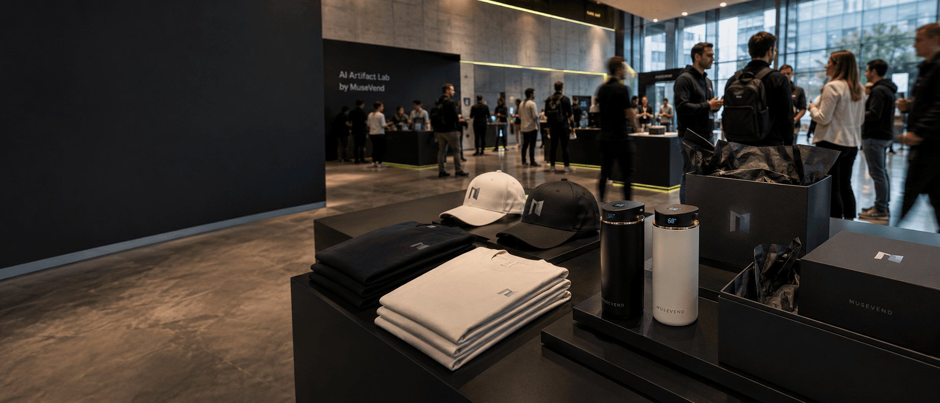 AI company pop-up artifact lab with a branded object wall, counter, and attendees browsing merchandise
