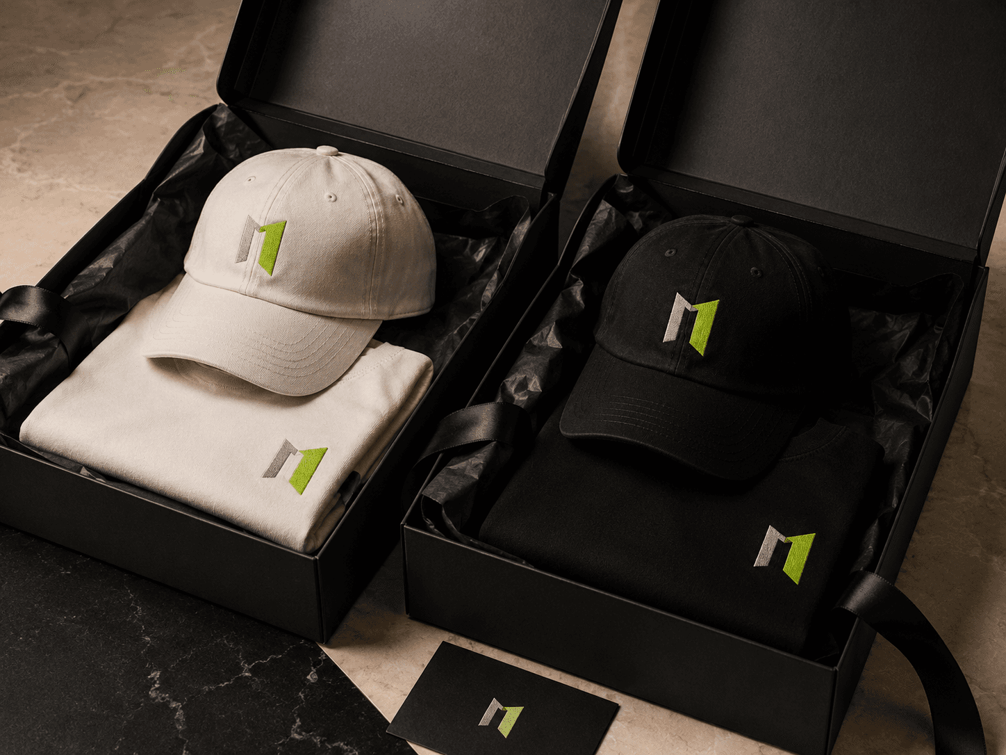 Cap and tee pop-up gift kit coordinated in a premium presentation box