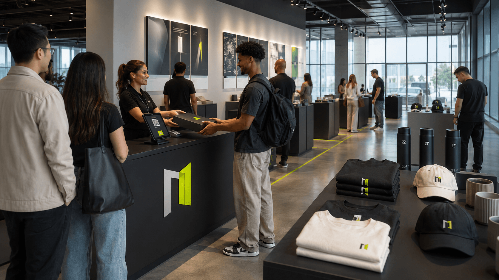 Attendees discovering, claiming, and receiving premium branded artifacts at an AI company pop-up