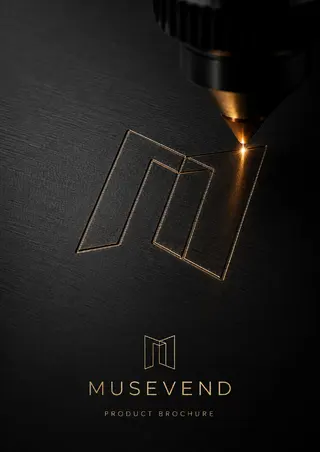 MuseVend product brochure cover with a laser-engraved gold logo