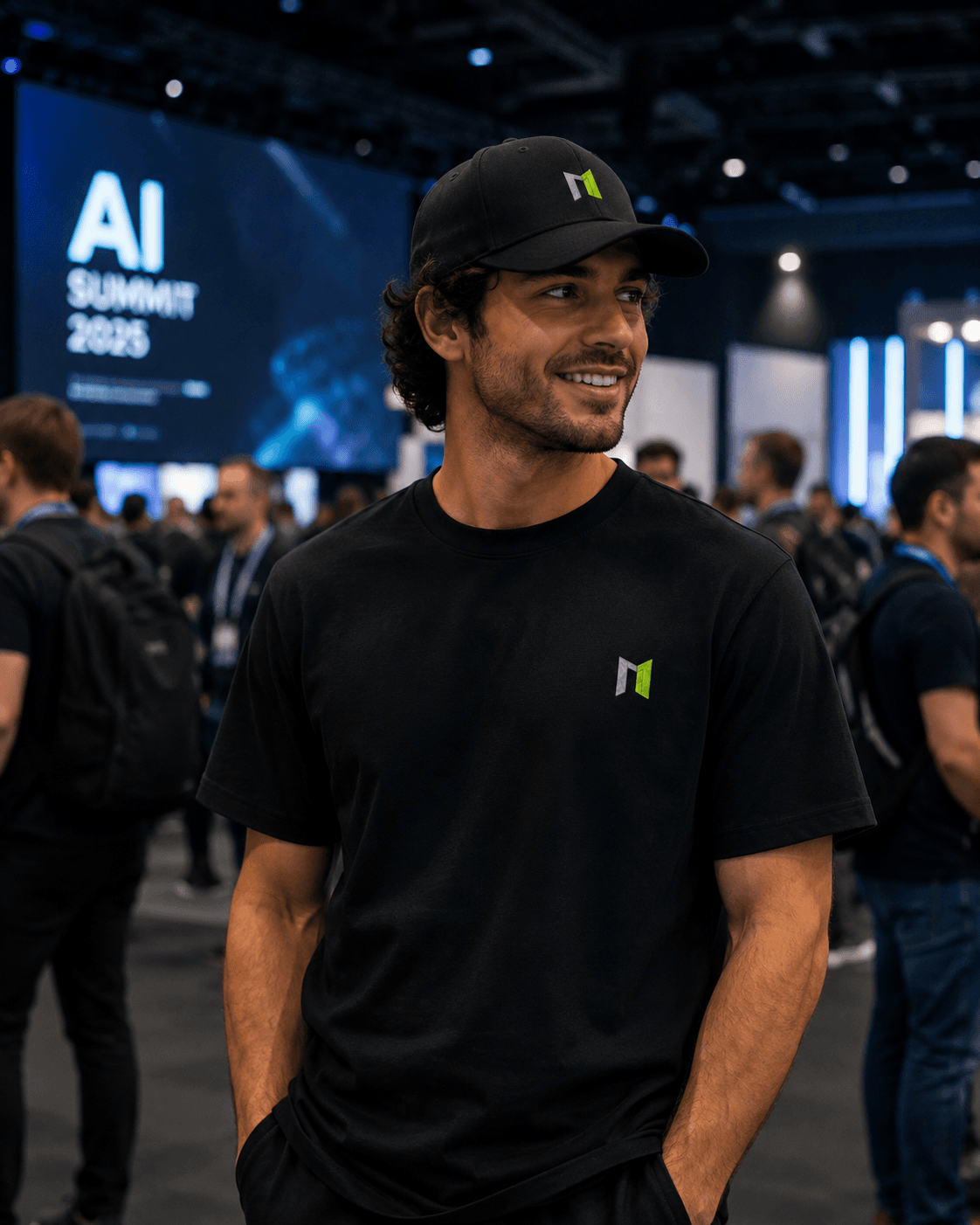 Man wearing a black company cap and matching T-shirt at an AI summit