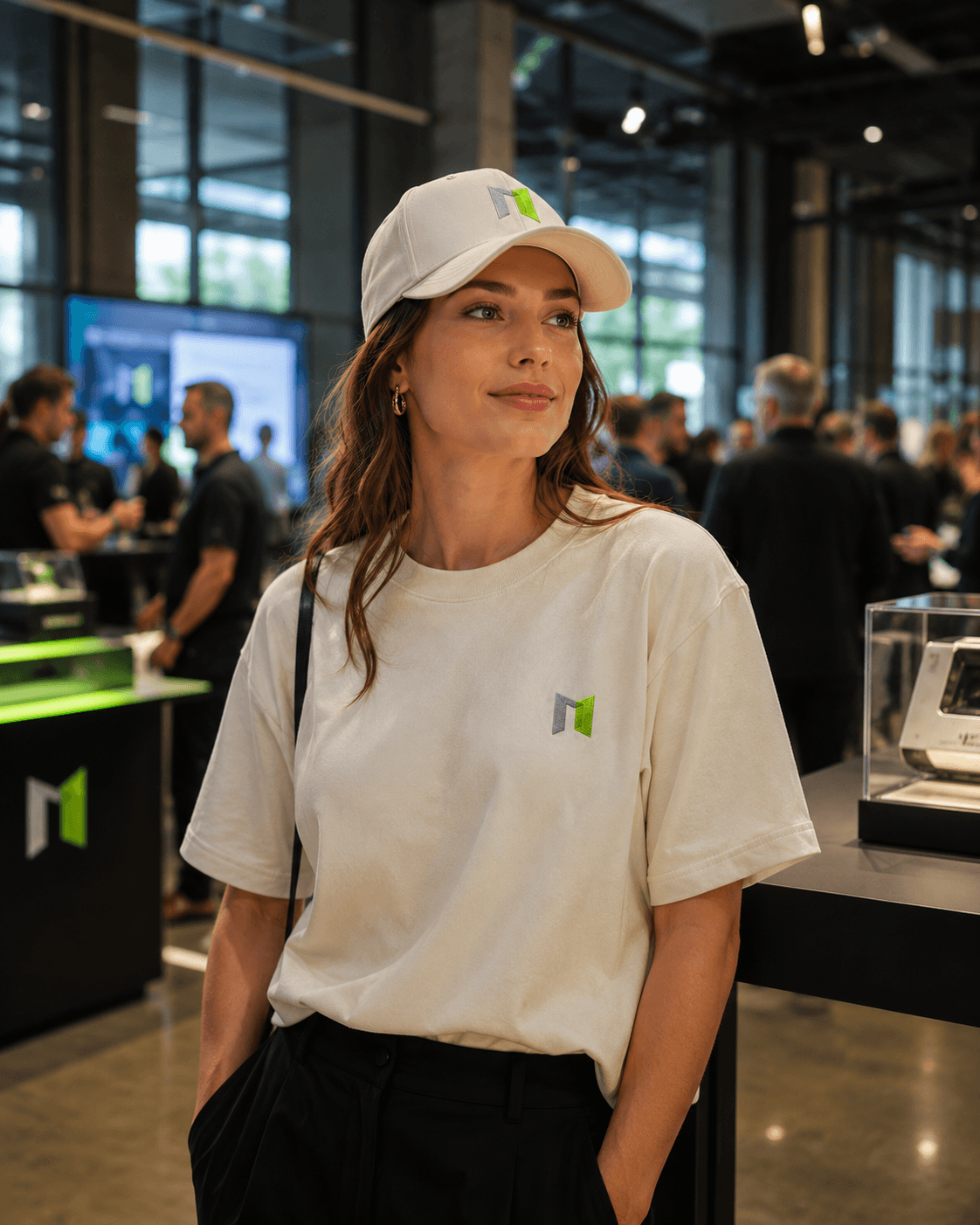 Woman wearing a bone company cap and matching T-shirt at a technology event