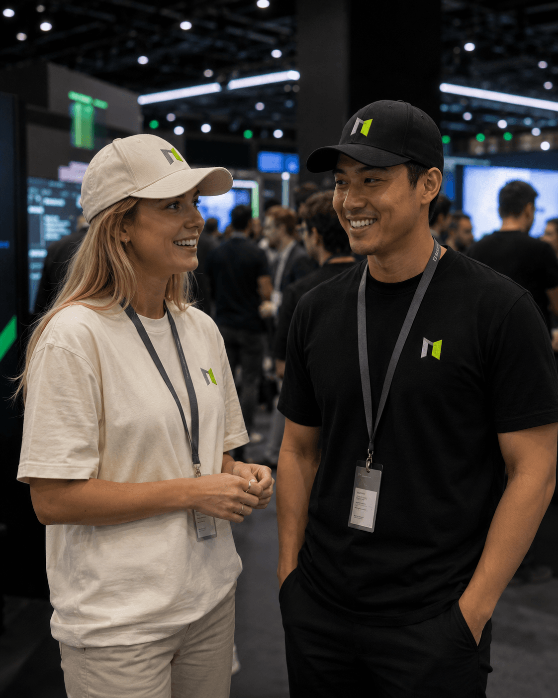 Two event attendees wearing coordinated company T-shirts and embroidered caps