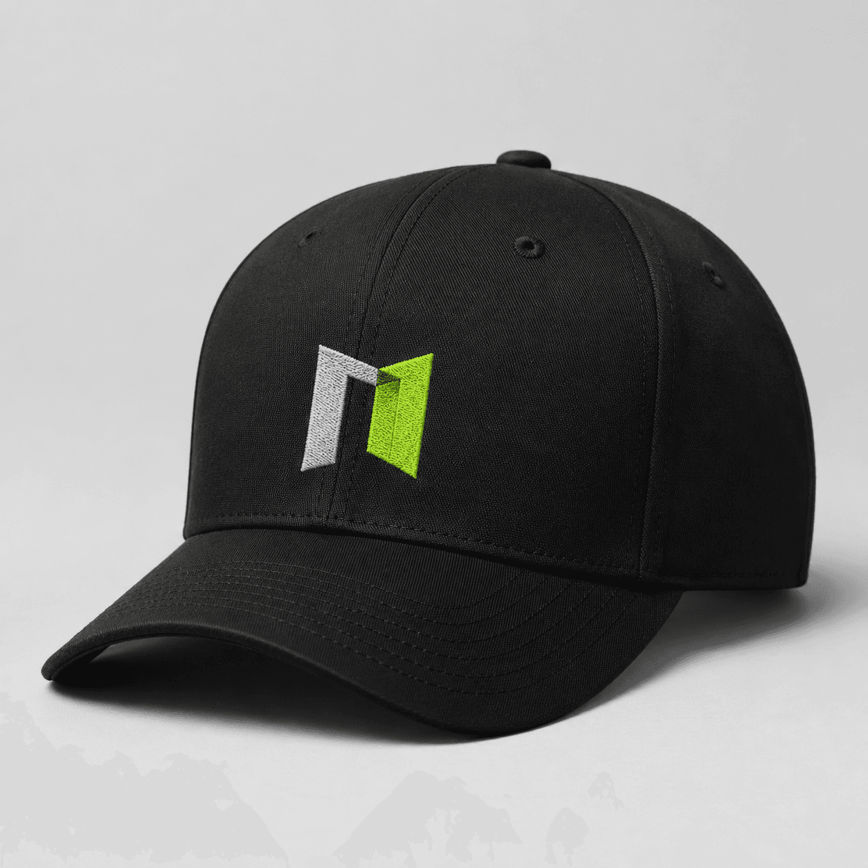 Black custom company cap with raised MuseVend embroidery and curved brim