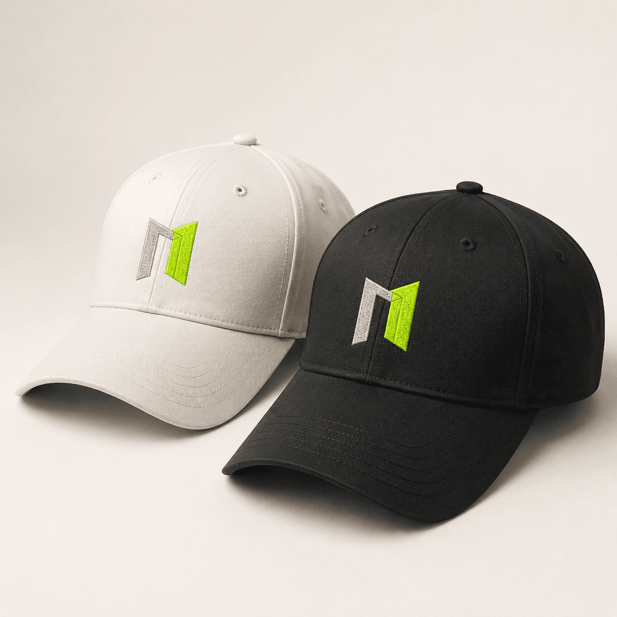 Bone and black custom embroidered company caps for corporate apparel programs
