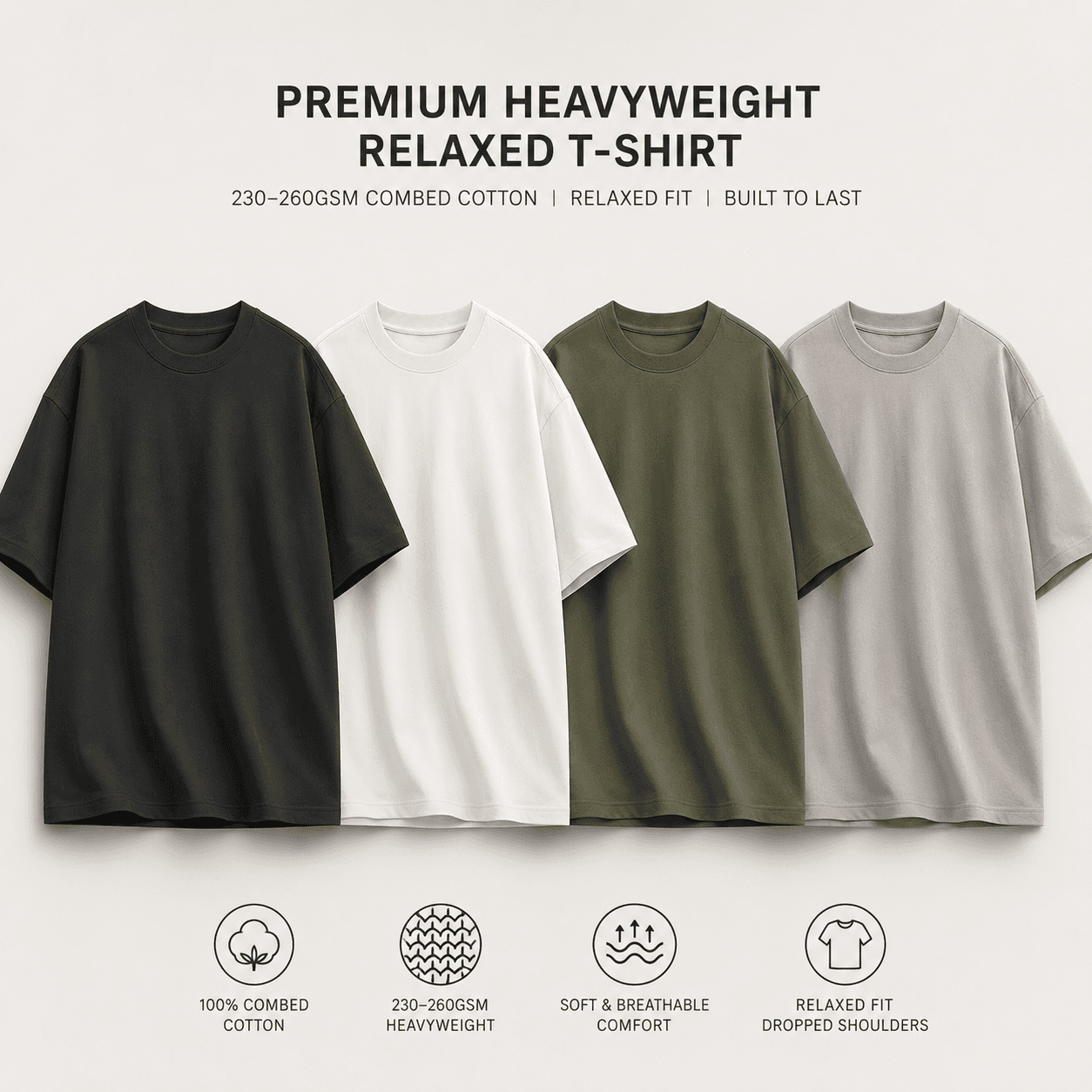 Heavyweight custom company T-shirt colorways in graphite black, bone white, sage, and stone gray.