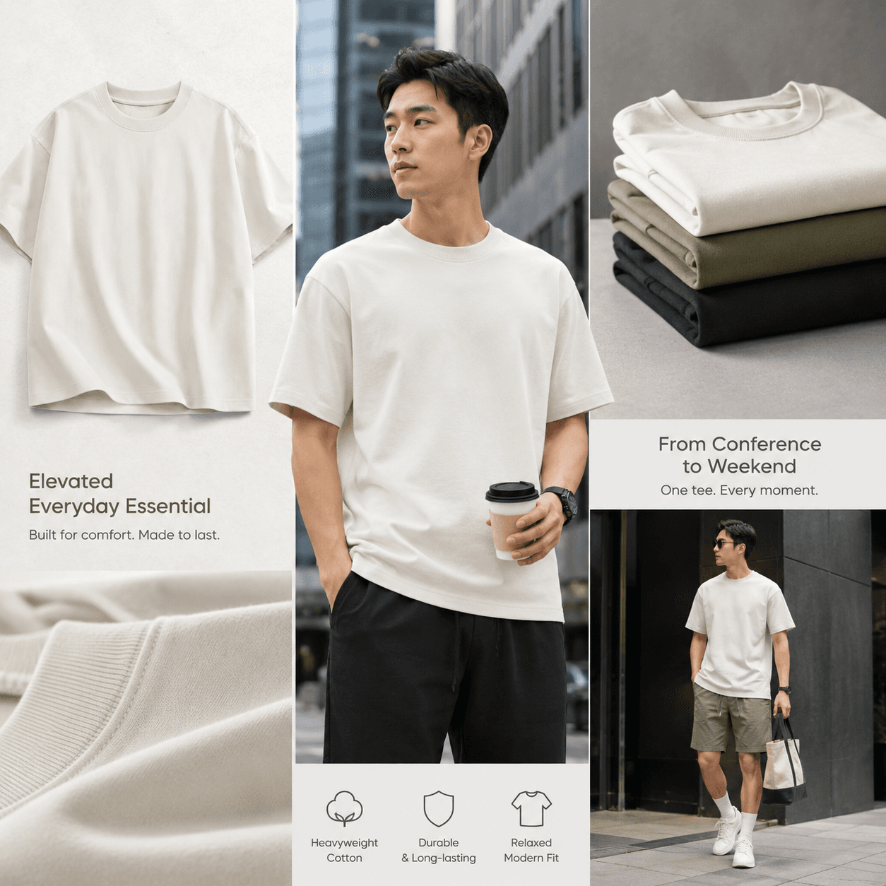 Custom company T-shirt worn in a relaxed weekend and conference lifestyle setting.