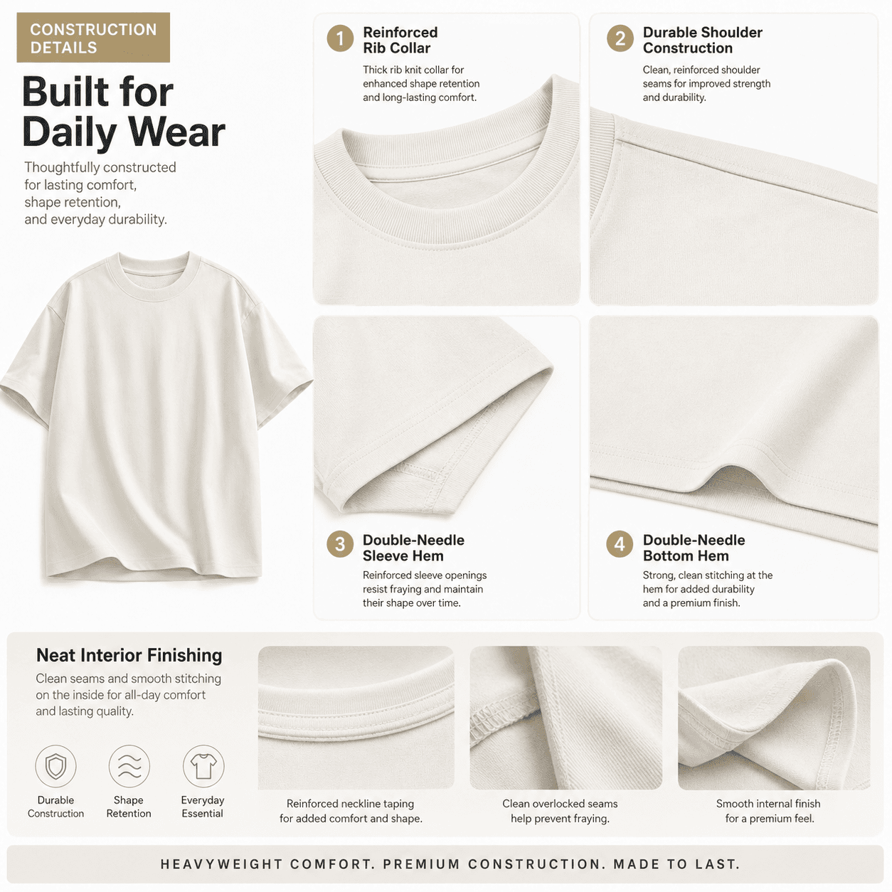 Construction details of a heavyweight custom company T-shirt including collar and seams.