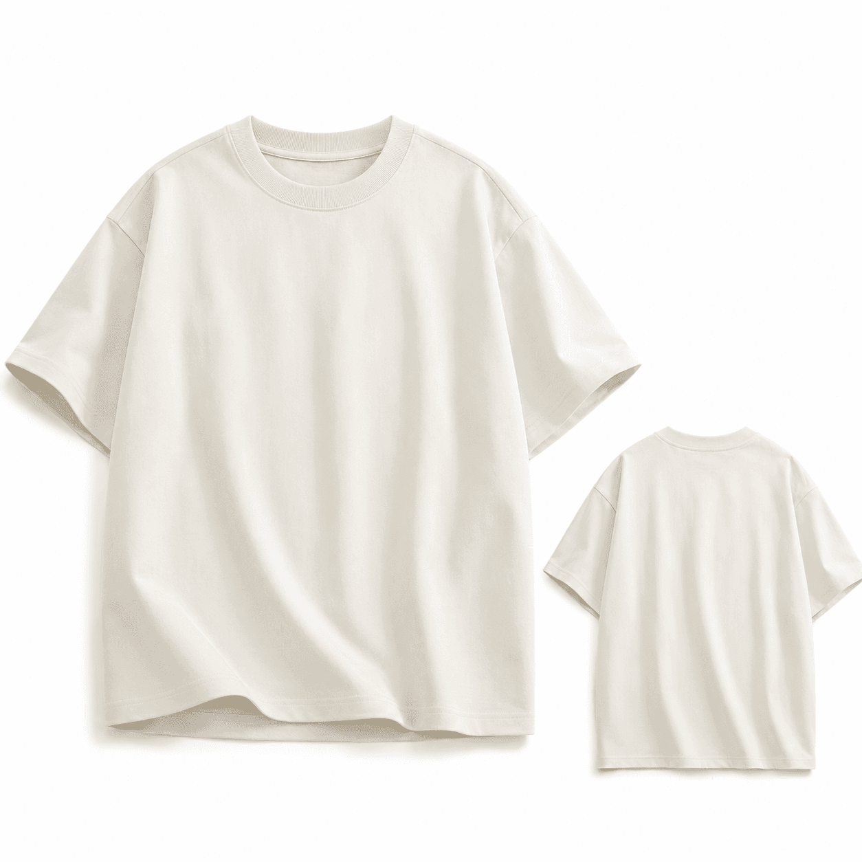 Front and back view of a bone white heavyweight custom company T-shirt showing the relaxed fit.