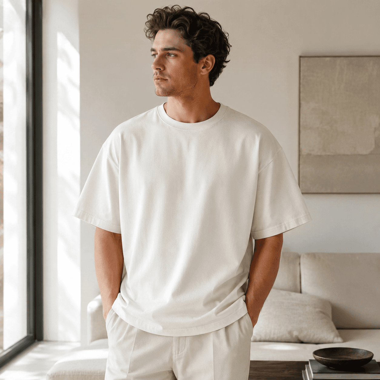 Person wearing a premium heavyweight white custom company T-shirt with a relaxed modern fit.