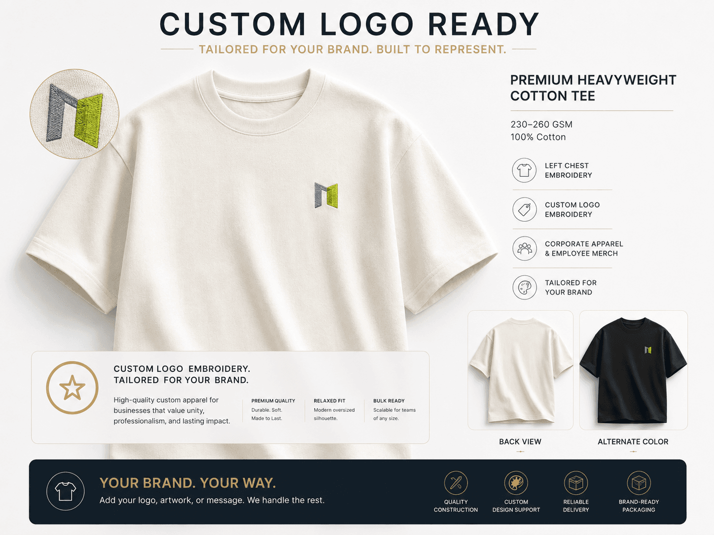 Left-chest custom logo embroidery on a heavyweight company T-shirt, ready for production.