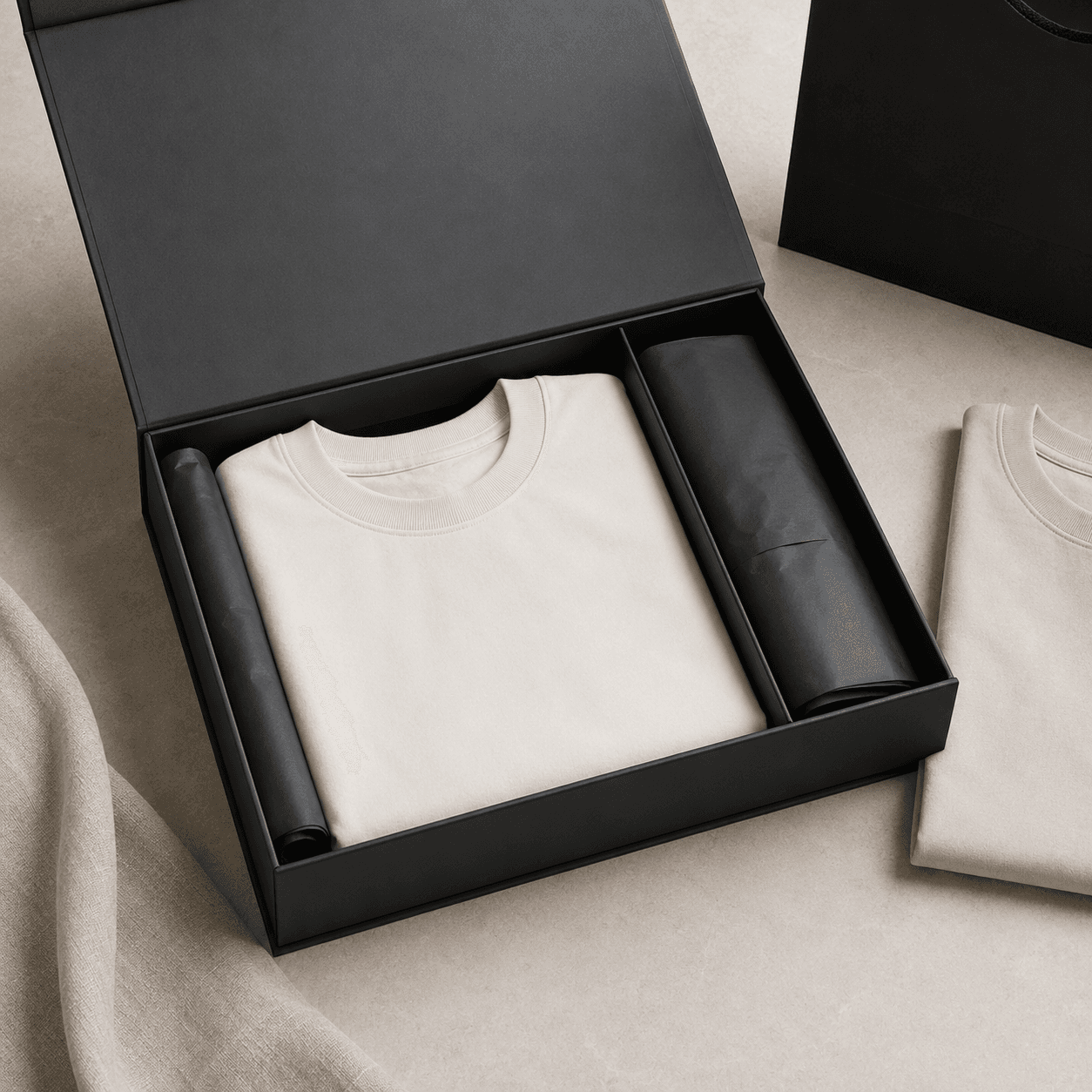 Premium branded packaging box for a custom company T-shirt program.