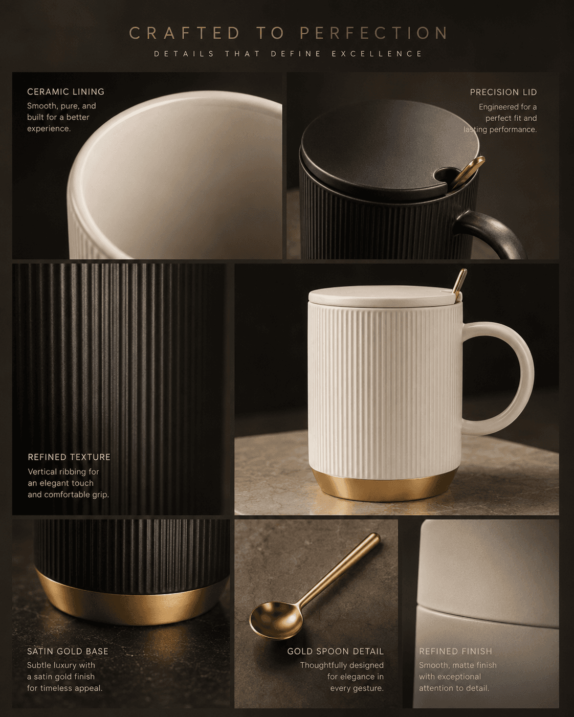 Detail board showing ceramic lining, precision lid, ribbed texture, satin gold base, and spoon detail