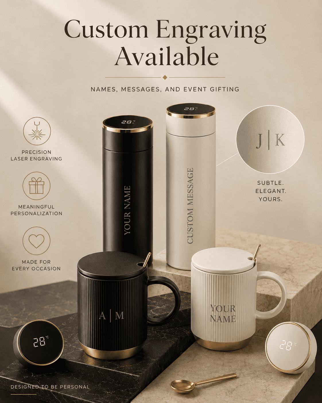 Custom engraved corporate drinkware with names, messages, and temperature-display lids