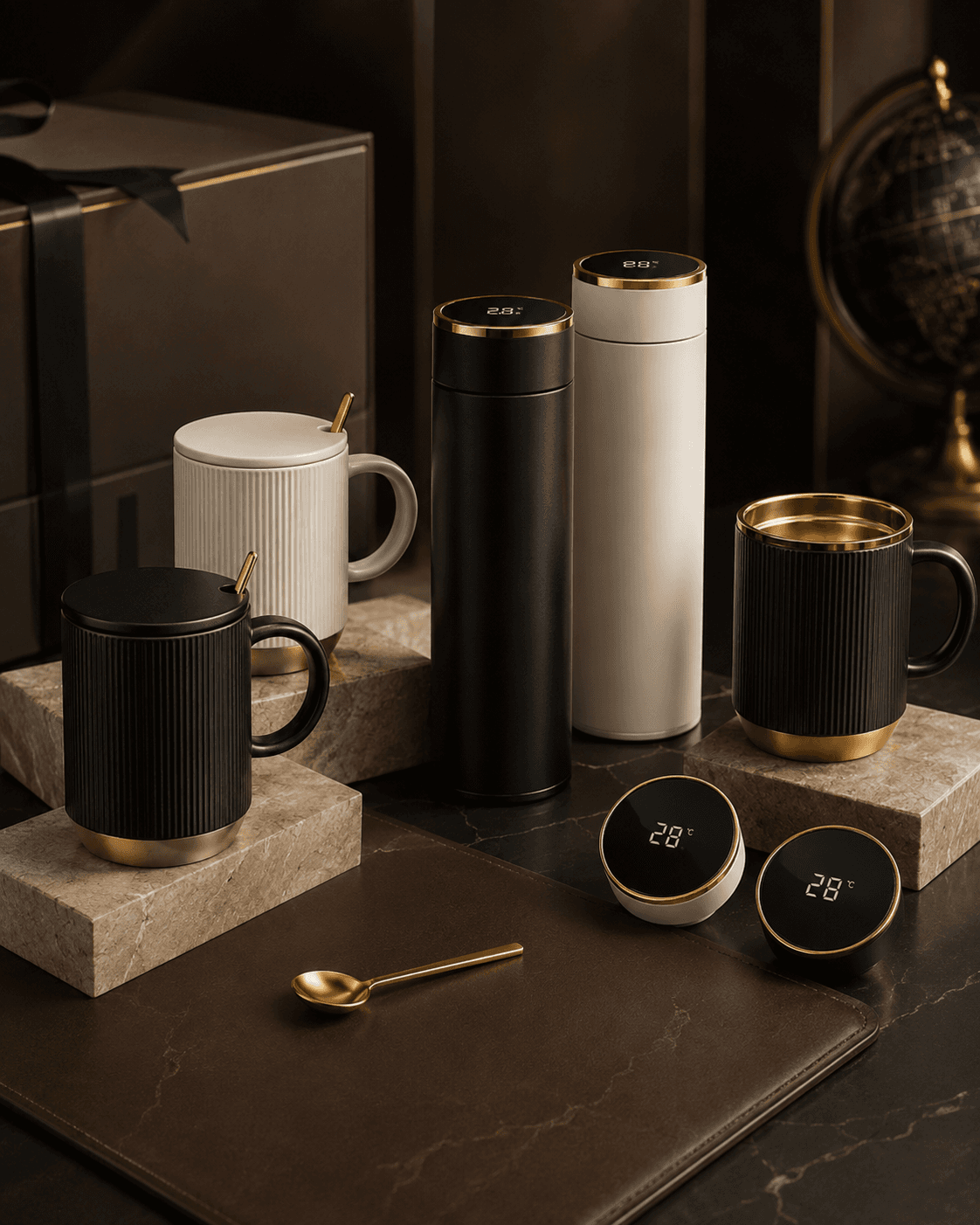 Executive office drinkware set with smart tumblers, ceramic mugs, gold details, and premium desk styling