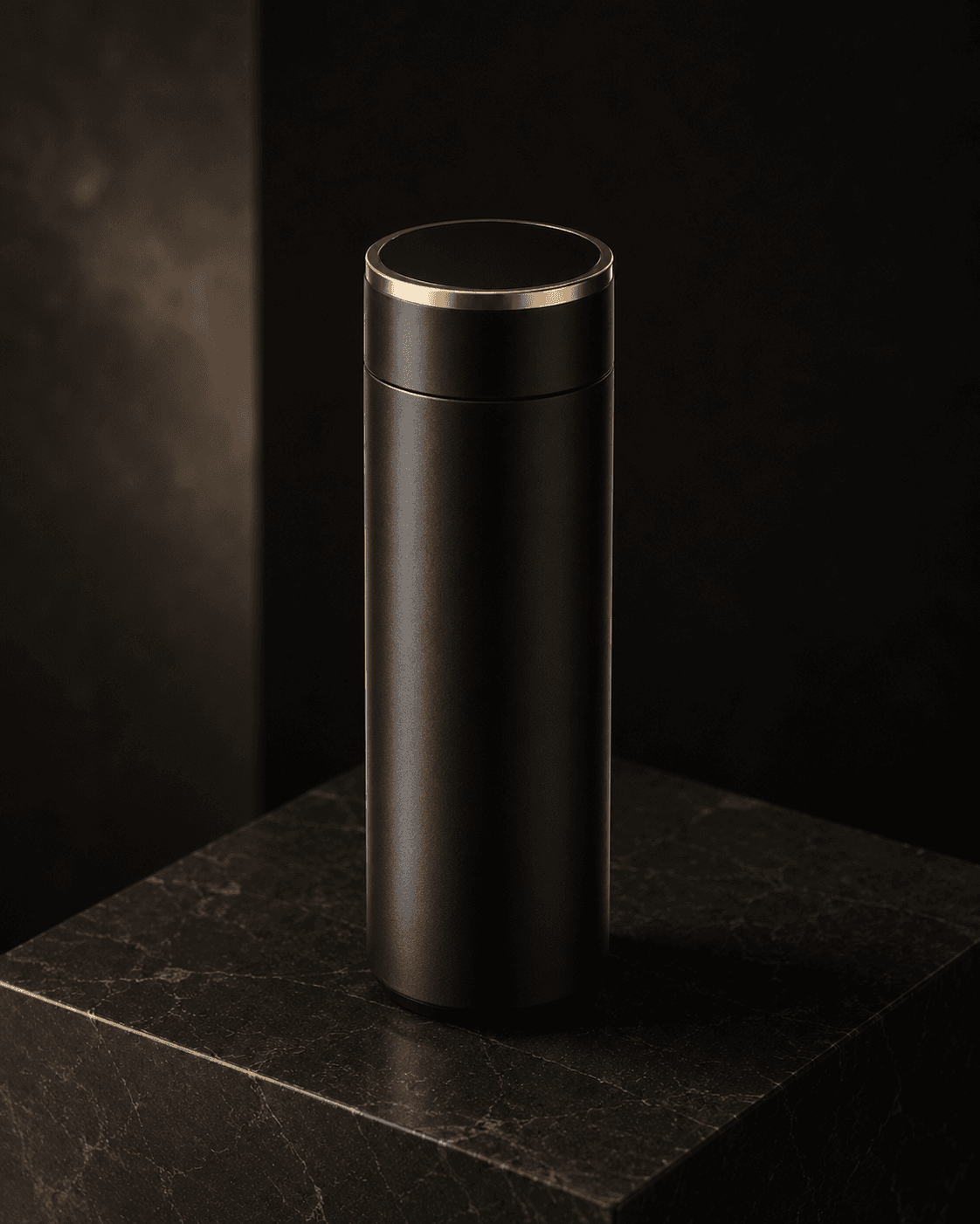Matte black smart temperature-display tumbler with satin gold rim