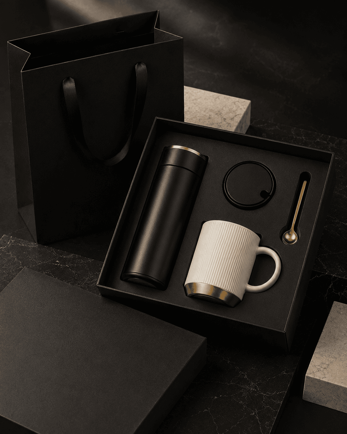 Premium corporate drinkware gift box with tumbler, ceramic mug, lid, and gold spoon