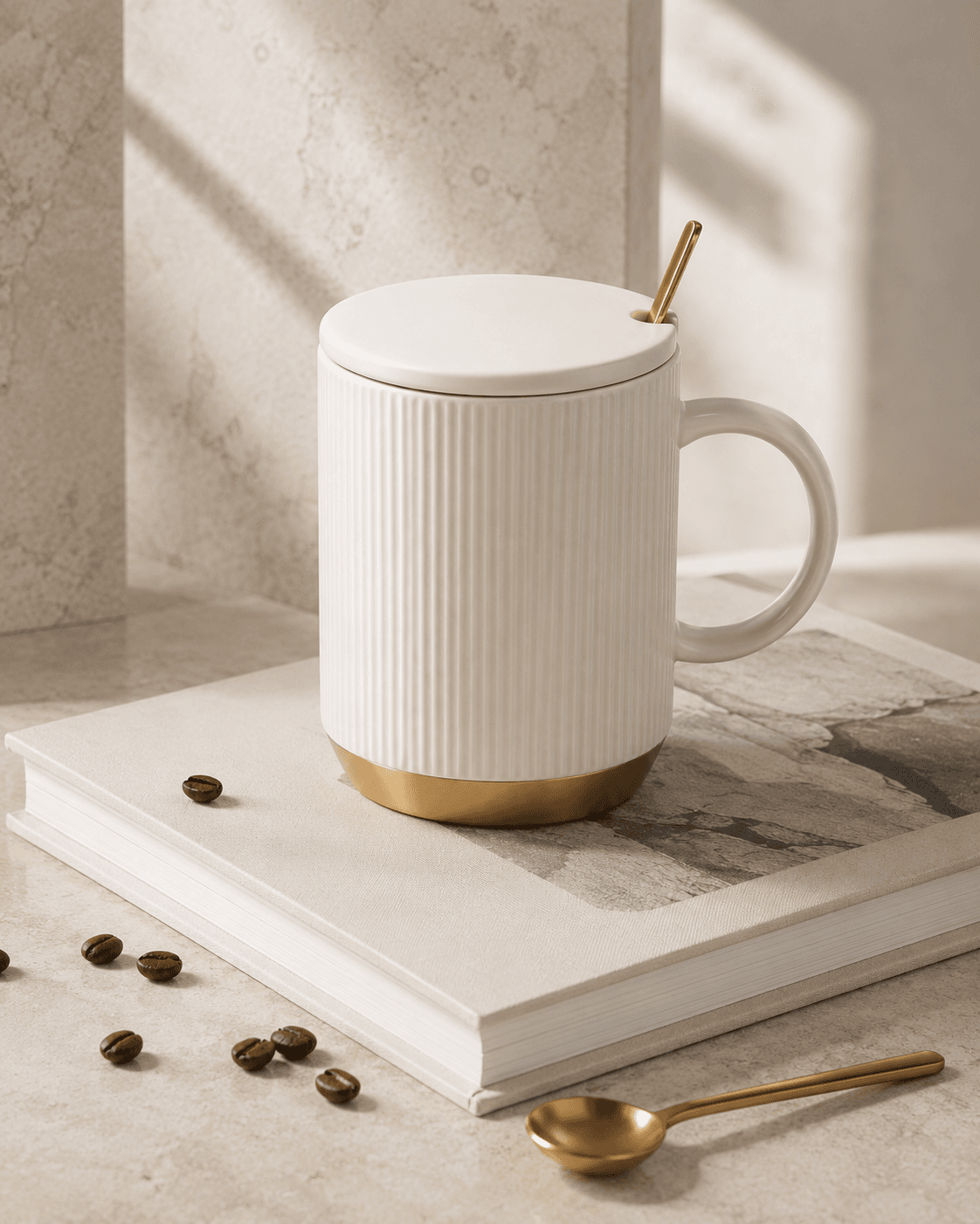 Ivory ribbed ceramic office mug with lid, gold spoon, and satin gold base