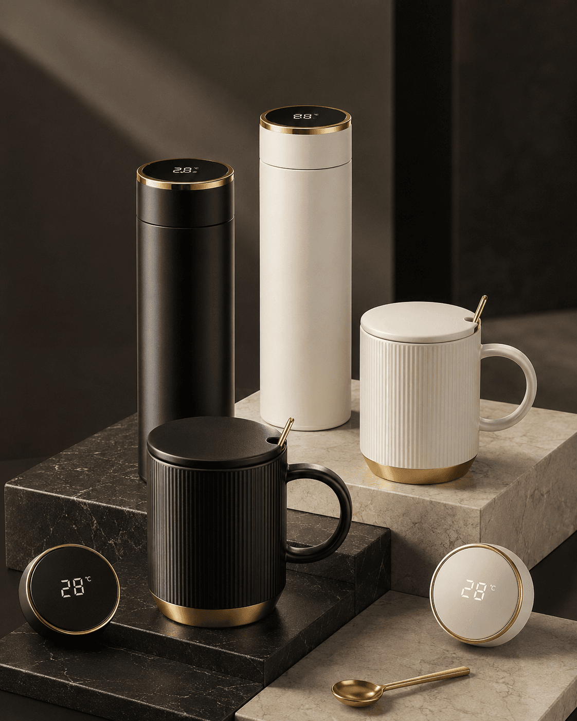 Smart corporate drinkware family with black and ivory tumblers, ribbed mugs, and temperature displays
