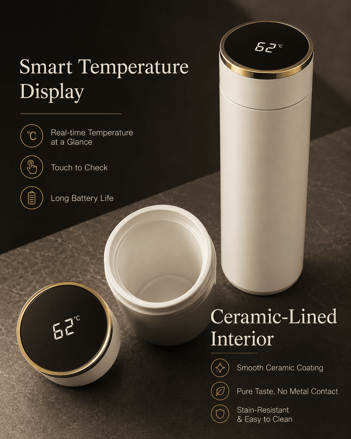 Smart temperature-display tumbler showing beverage temperature with ceramic-lined interior