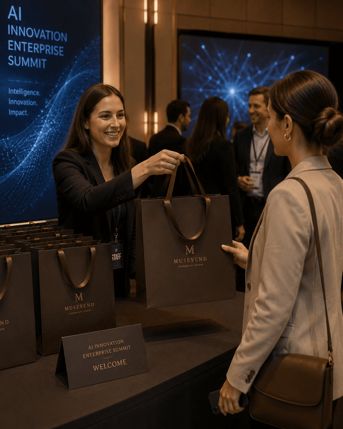 Branded custom gift bag handed to an attendee at enterprise summit check-in