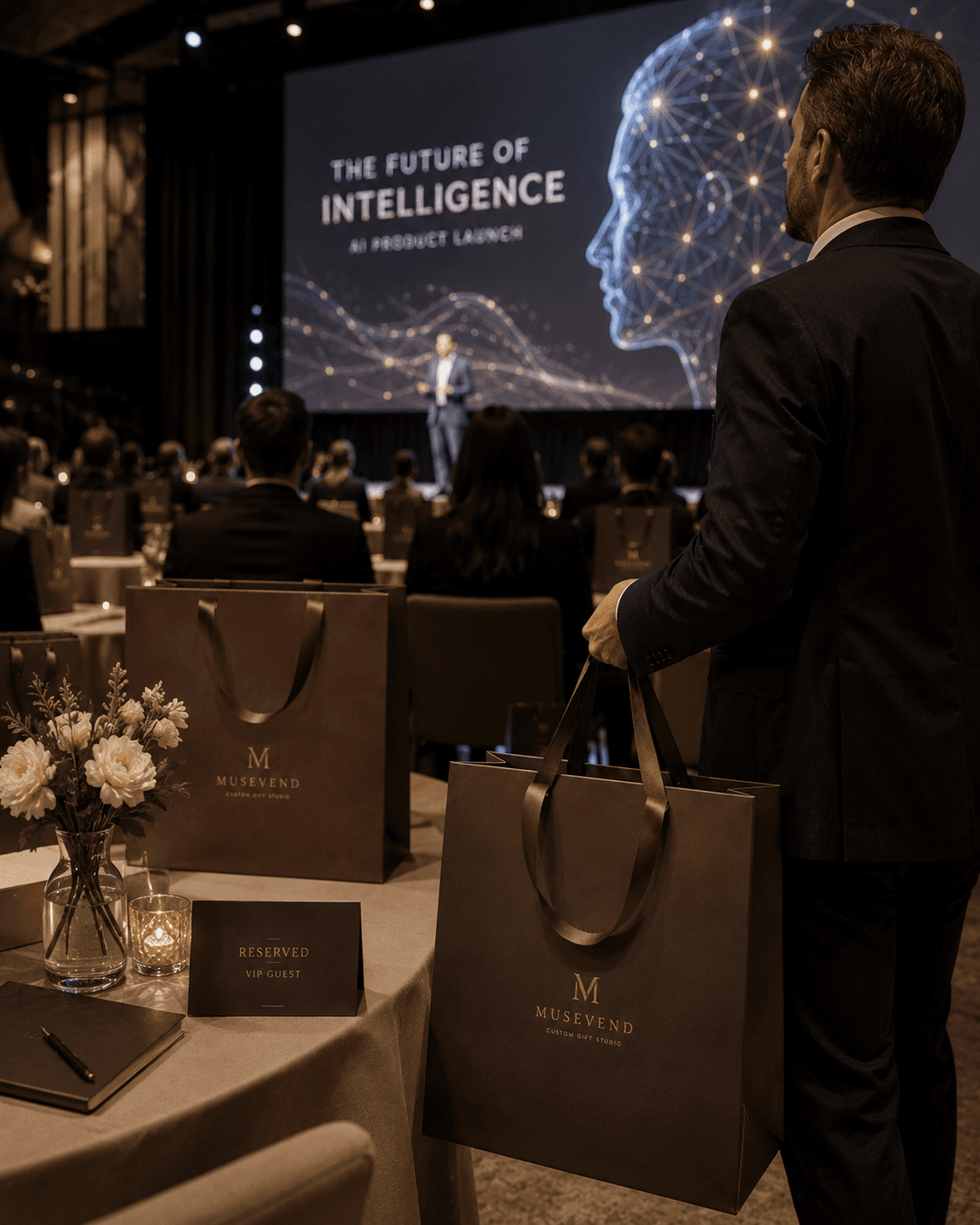 Premium custom gift bags staged at reserved VIP seats for an AI product launch