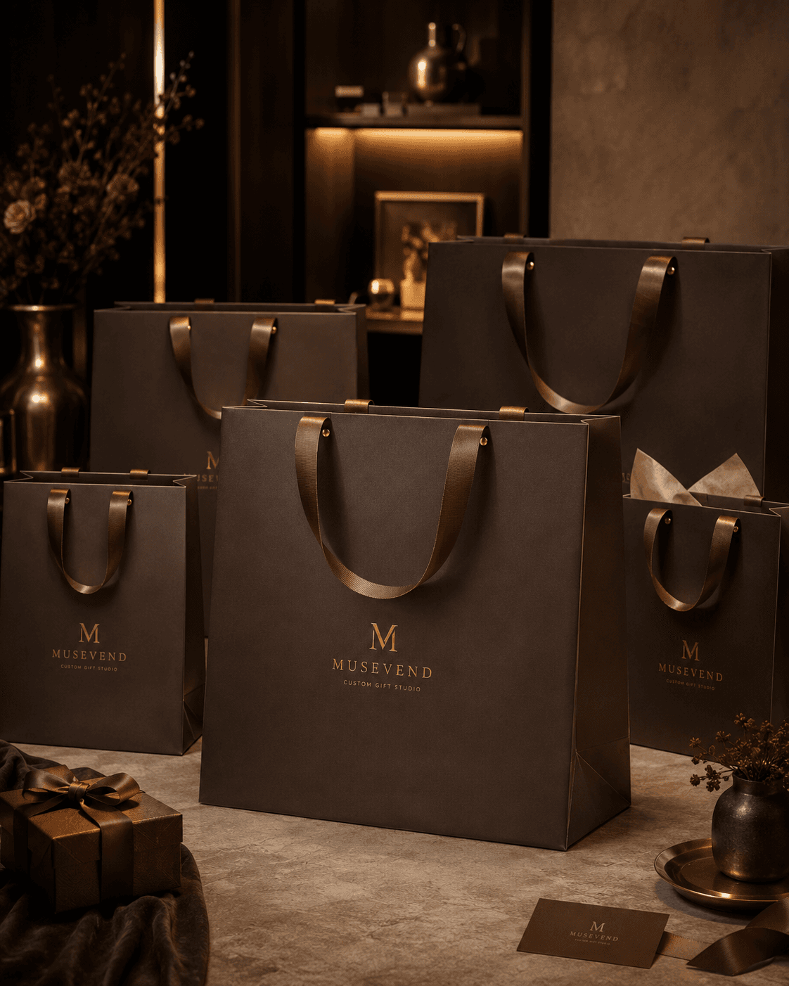 Custom gift bags in small, medium, and large size formats