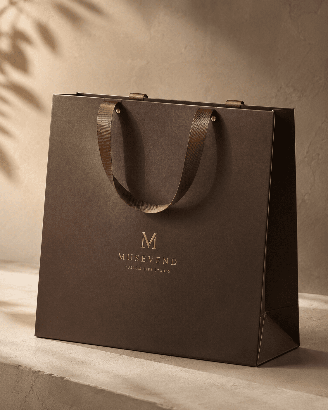 Premium custom corporate gift bag with logo, ribbon handles, and structured presentation