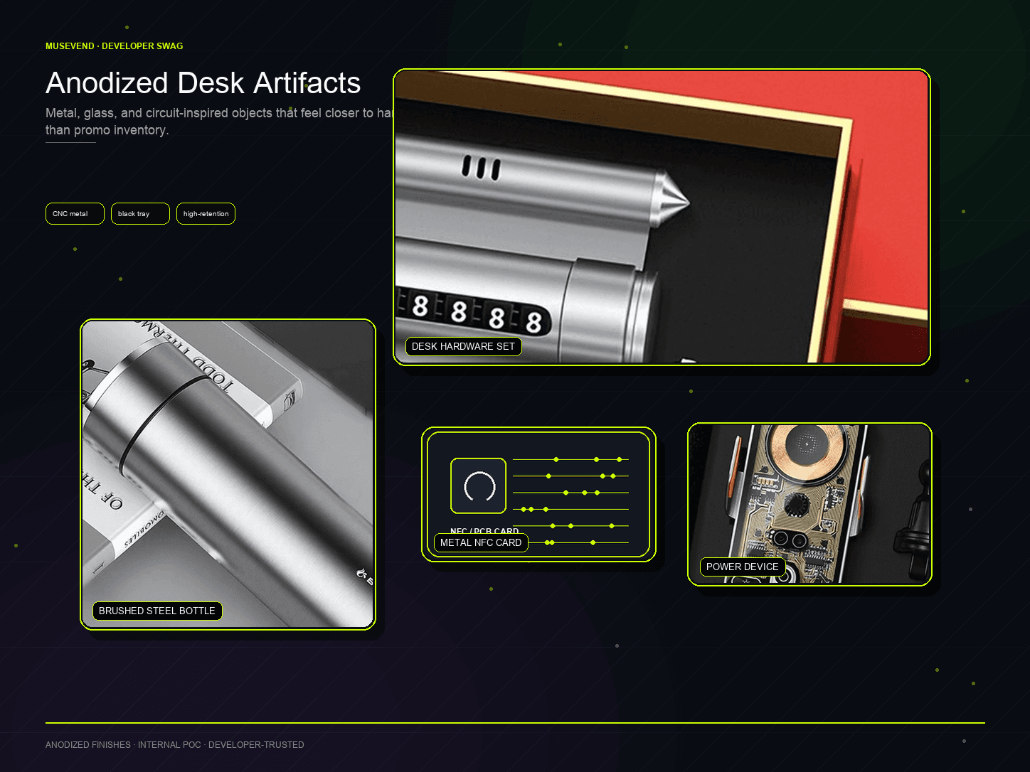 Anodized desk artifacts with brushed metal bottle, desk hardware, NFC card, and circuit-inspired details.