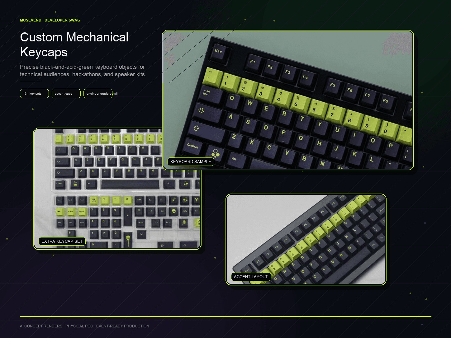 Custom mechanical keycap and keyboard concepts in black and acid green for developer conference swag.