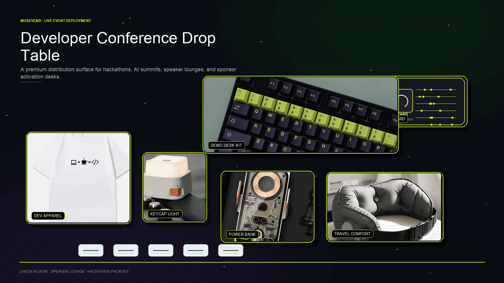 Developer conference drop table with apparel, keycap light, keyboard kit, NFC card, power bank, and travel comfort gear.