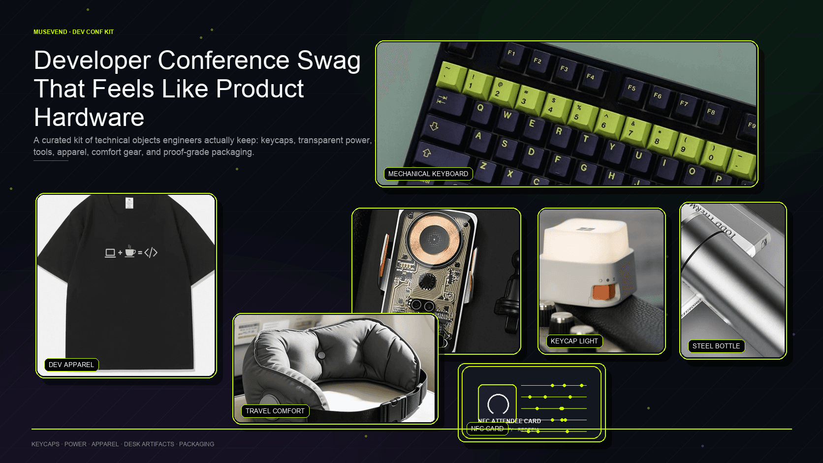 Developer conference swag kit with mechanical keyboard details, transparent power device, keycap light, apparel, steel bottle, travel comfort gear, and NFC card.