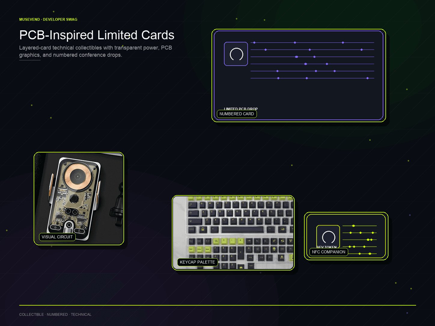 PCB-inspired limited cards paired with keyboard palette and transparent power device for developer conference drops.