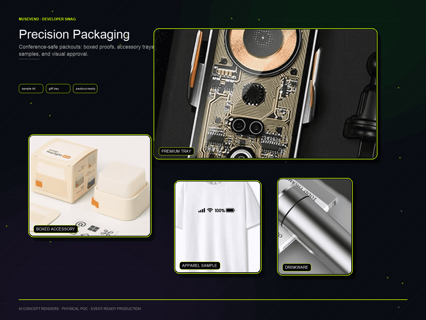 Precision packaging board for developer conference swag with boxed accessory, premium tray, apparel sample, and drinkware.