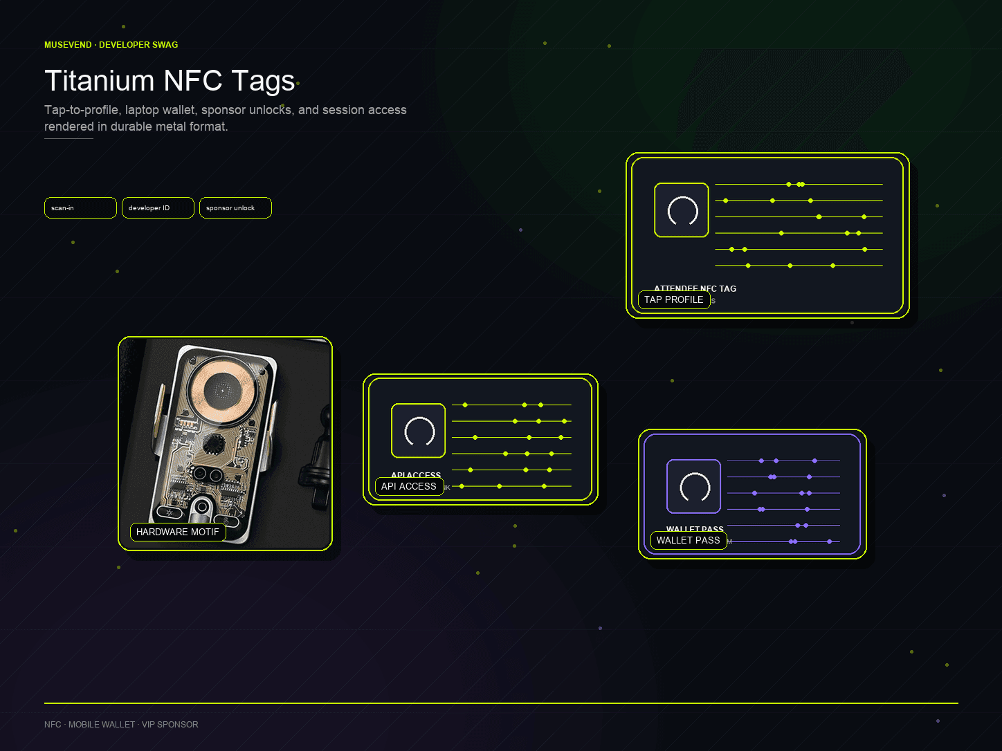 Titanium NFC tag concepts for developer profiles, API access, wallet passes, and sponsor redemptions.