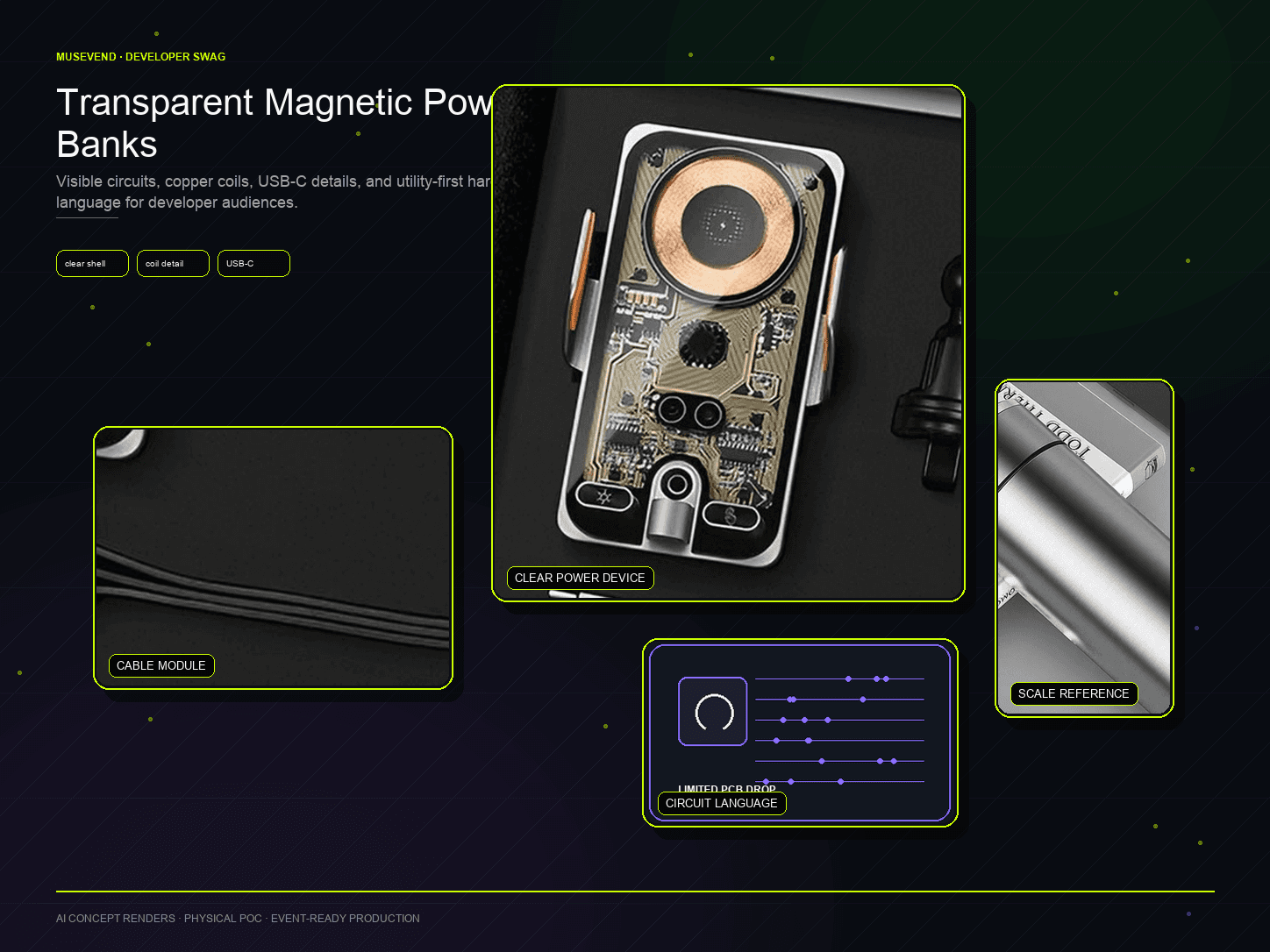 Transparent magnetic power bank concept with visible circuit details, cable module, NFC card, and brushed metal reference.