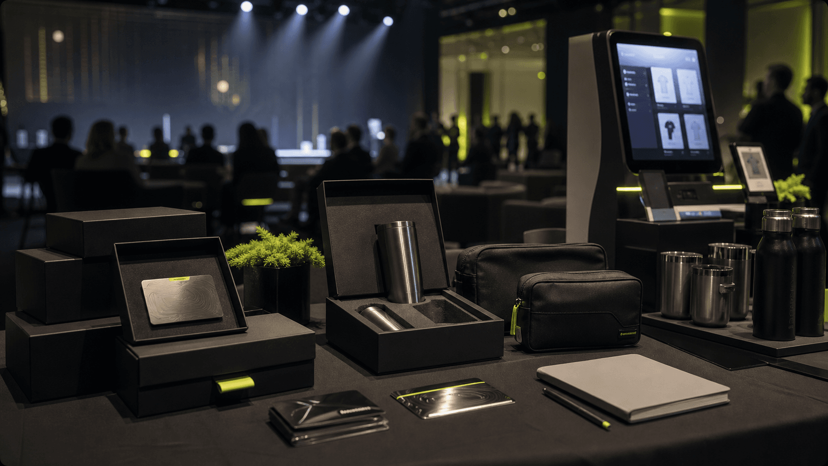 Premium enterprise event display with curated branded artifacts, gift boxes, drinkware, pouches, and venue-ready merch presentation.