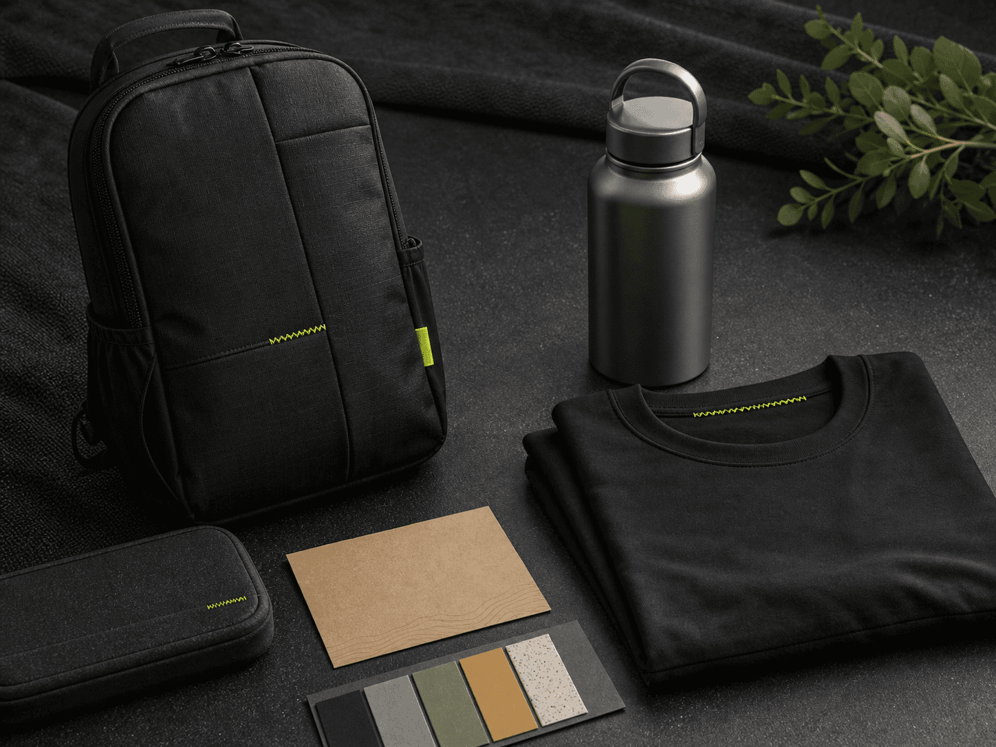 ESG Utility Kit with recycled textile accessories, reusable drinkware, organic apparel, and material swatches.