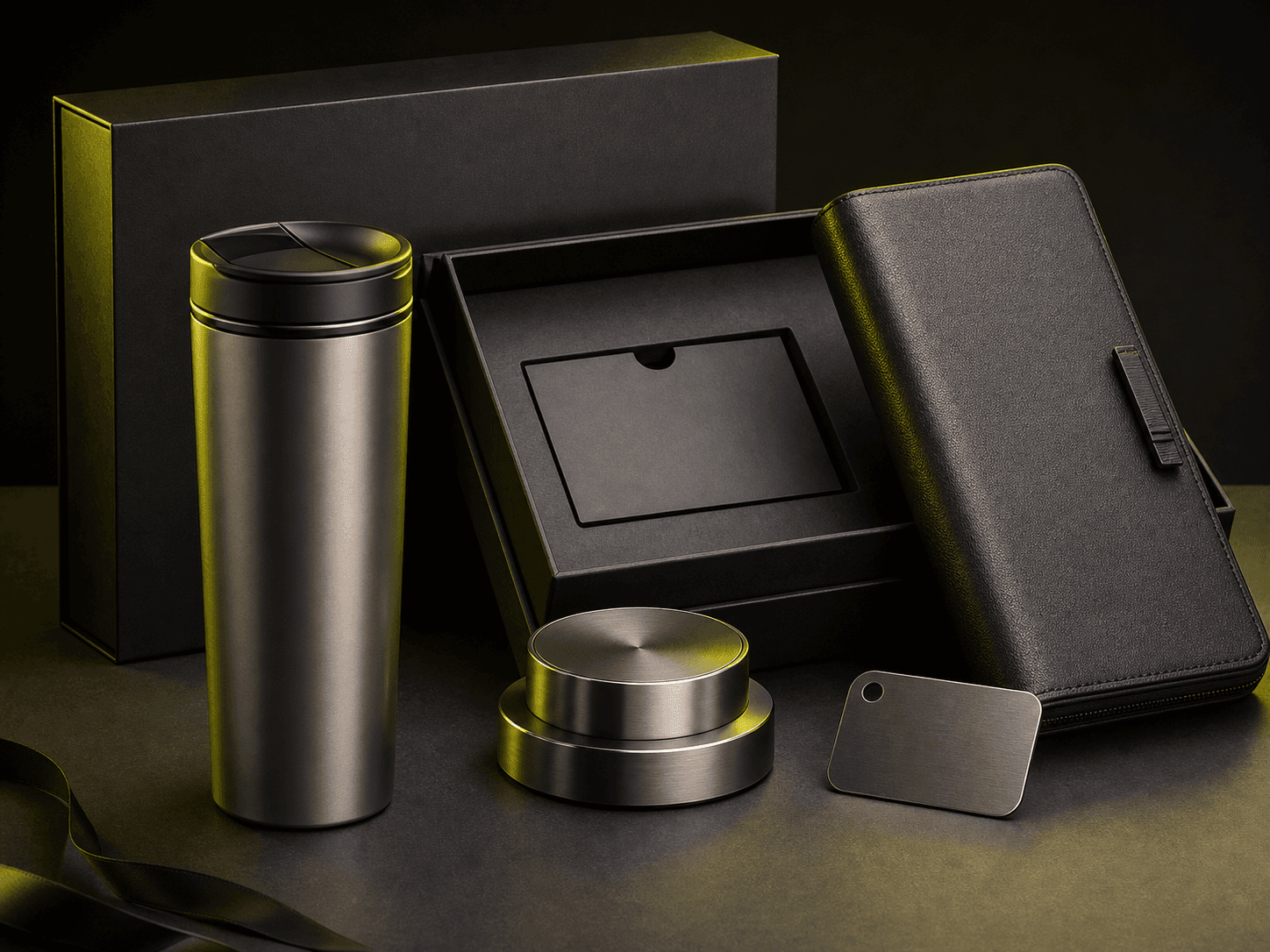 Executive Drop with premium drinkware, travel organizer, metal token, and luxury gift packaging.