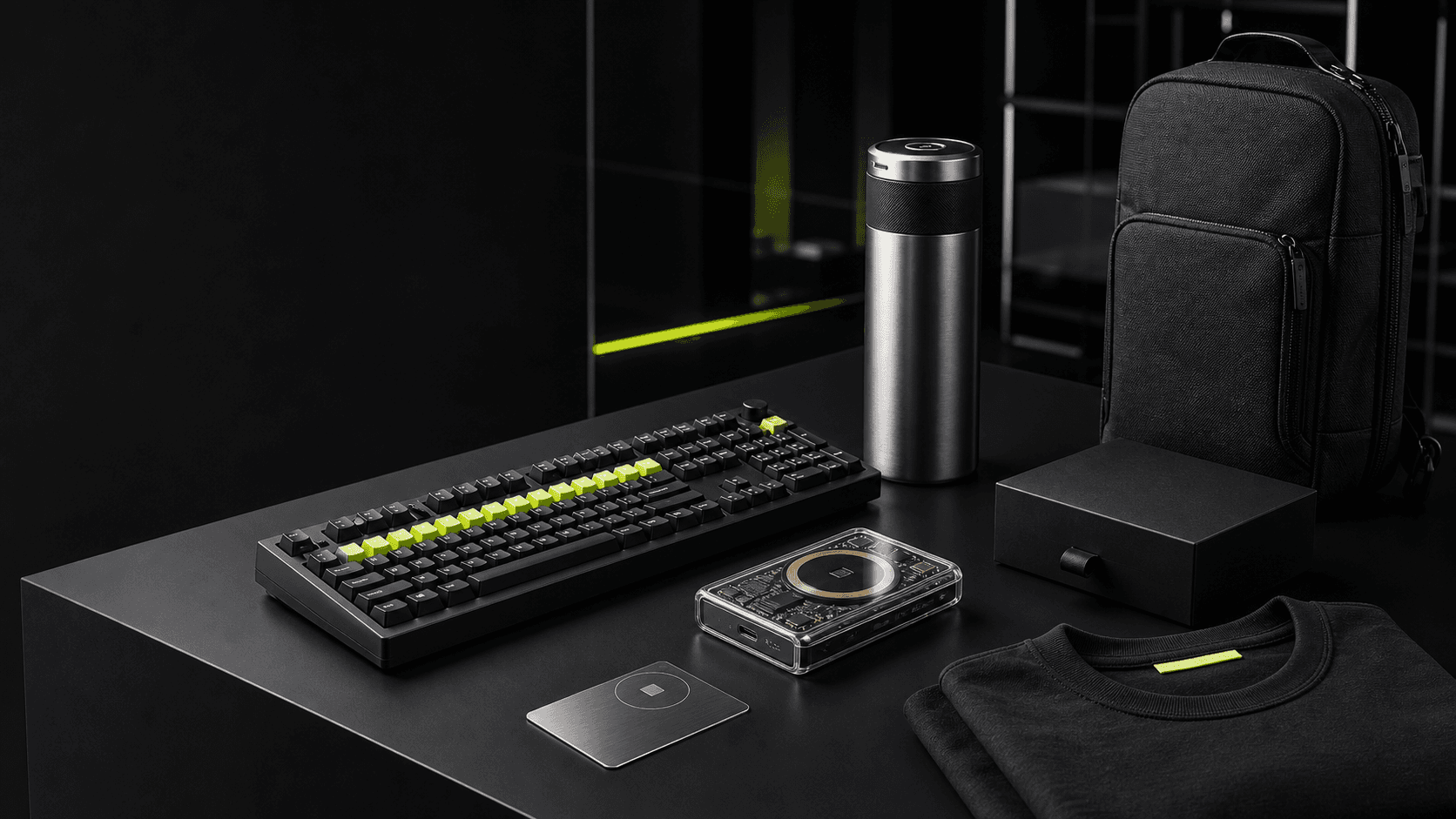 Premium enterprise custom merch artifacts including technical accessories, drinkware, apparel, packaging, and a commuter pouch.