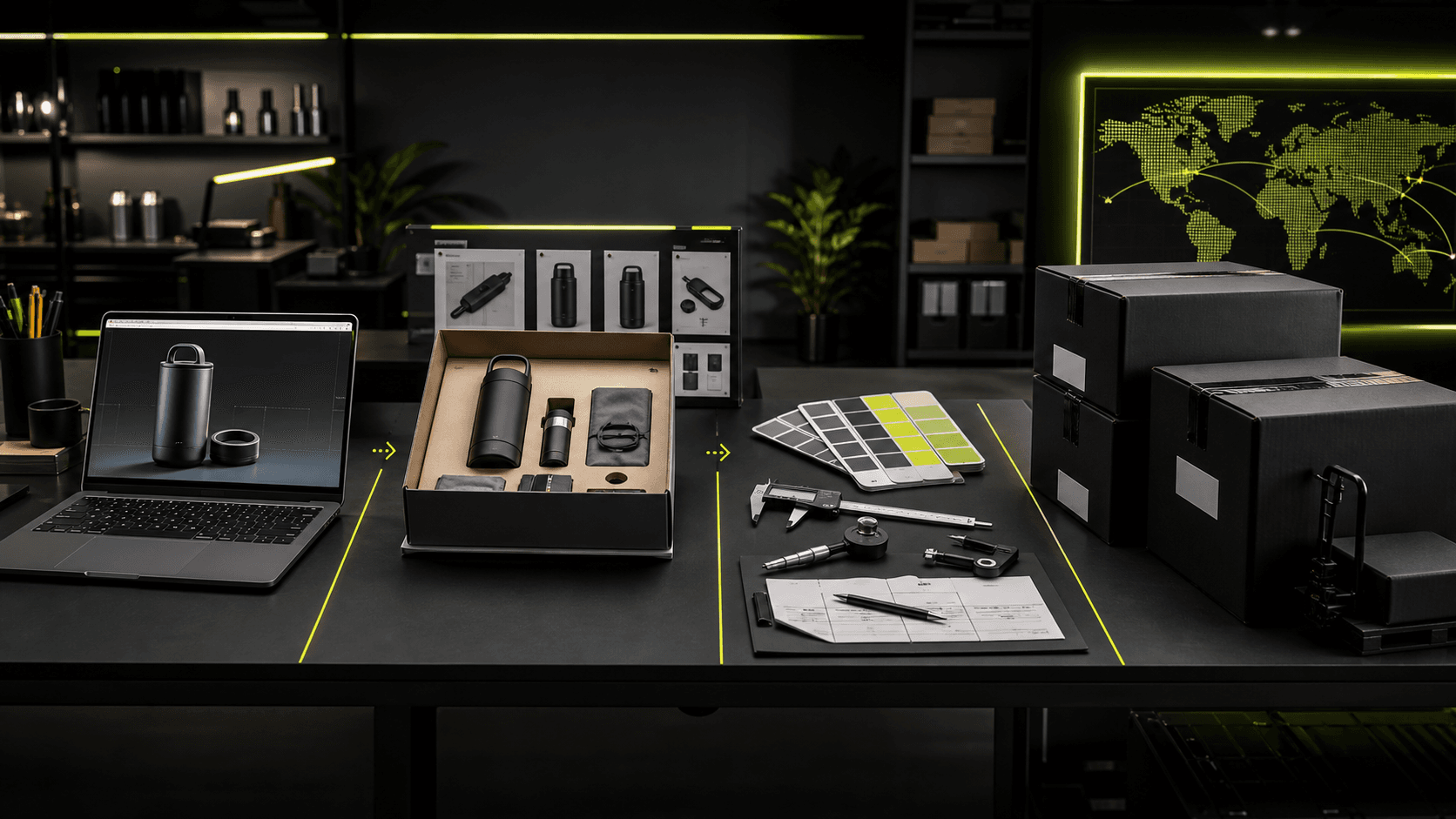 Enterprise custom merch production workflow with AI concept preview, physical proofing, QA tools, color swatches, and shipping cartons.