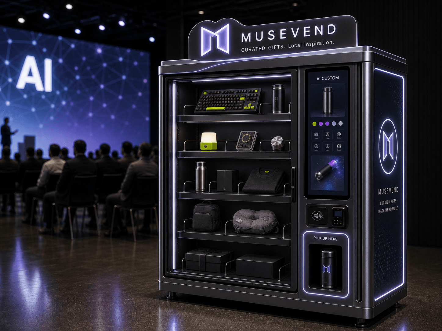 Artifact Terminal Pilot concept showing AI custom merch vending and premium venue retail display.