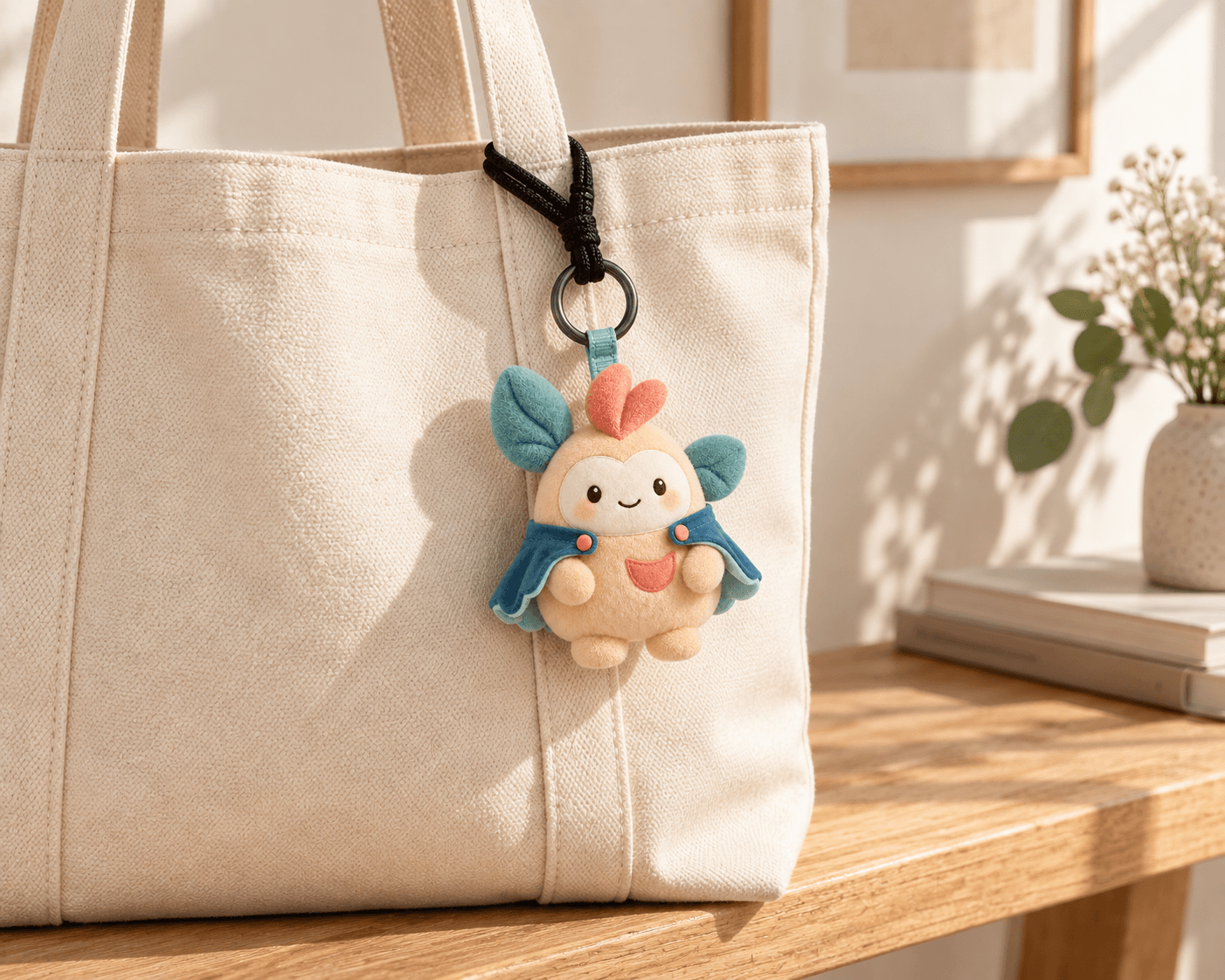 Fluffy apricot avatar charm hanging from a cream canvas tote bag