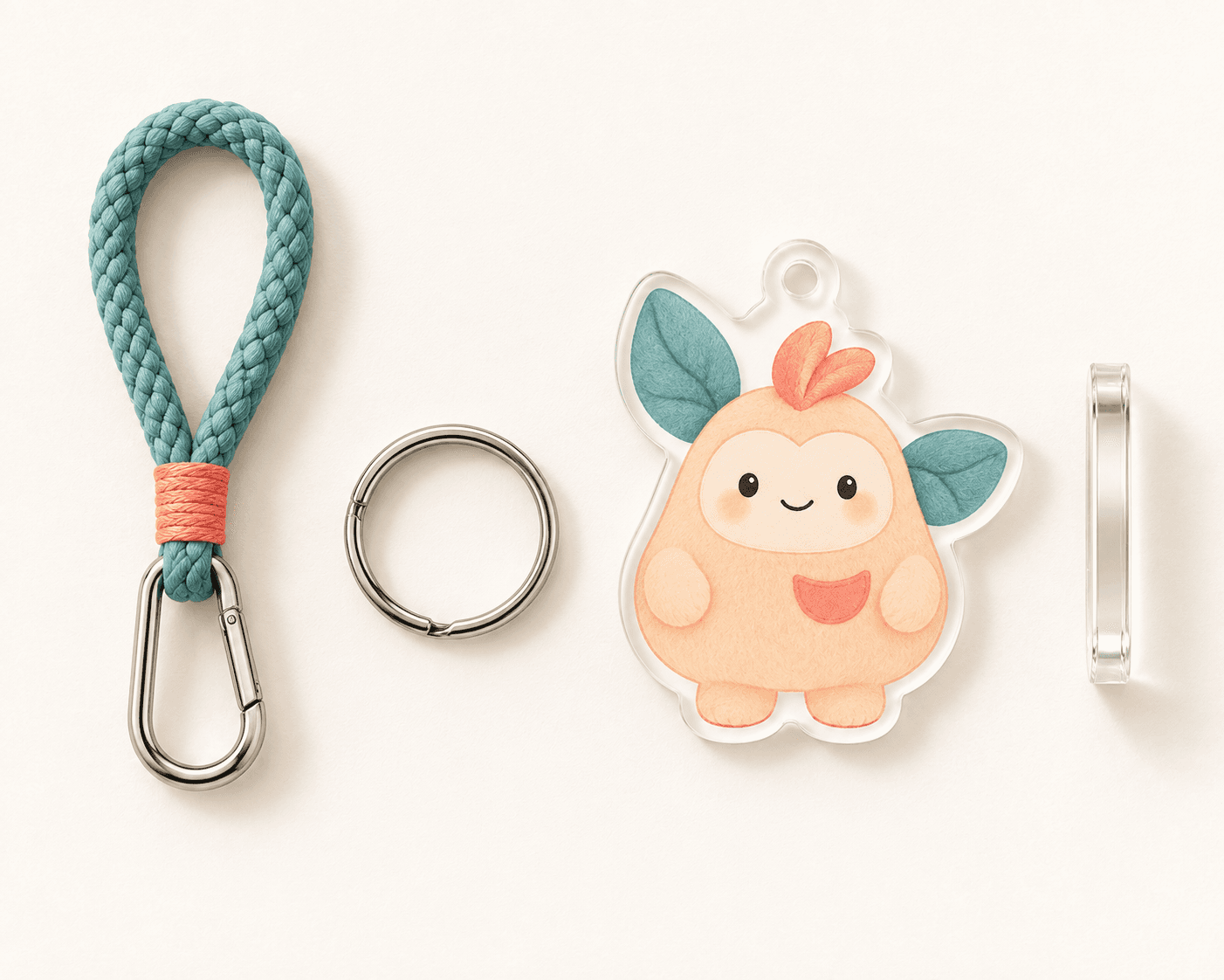 Acrylic charm, edge, metal ring and teal cord shown separately