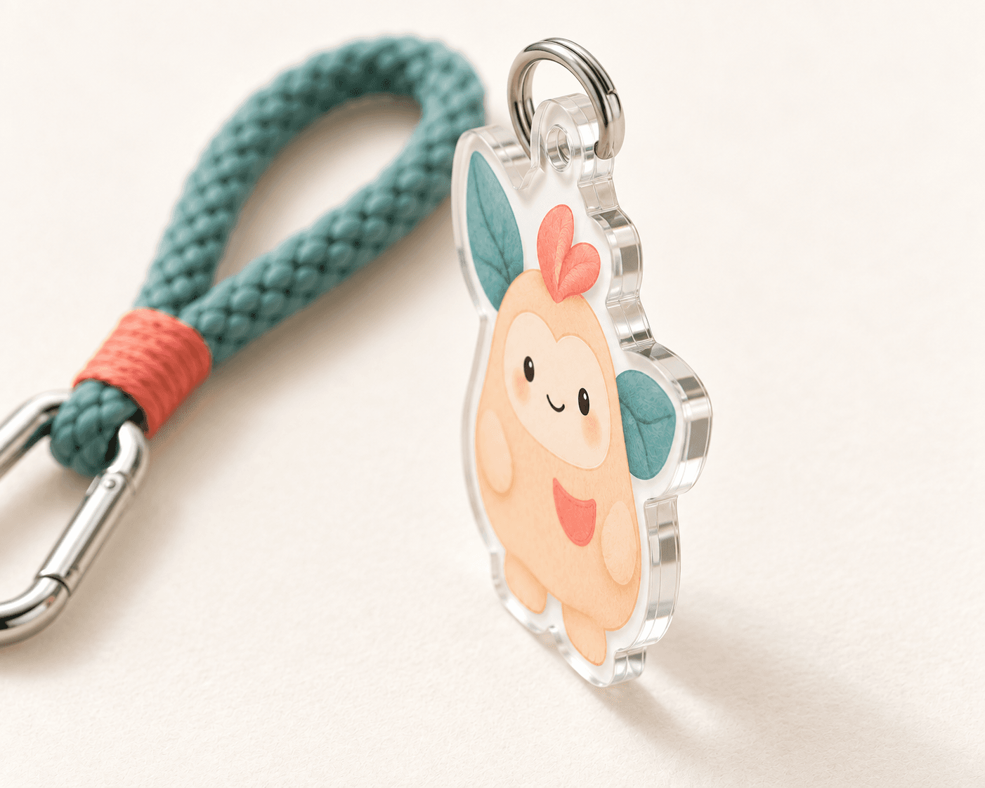 Front and edge views of the clear acrylic character keychain